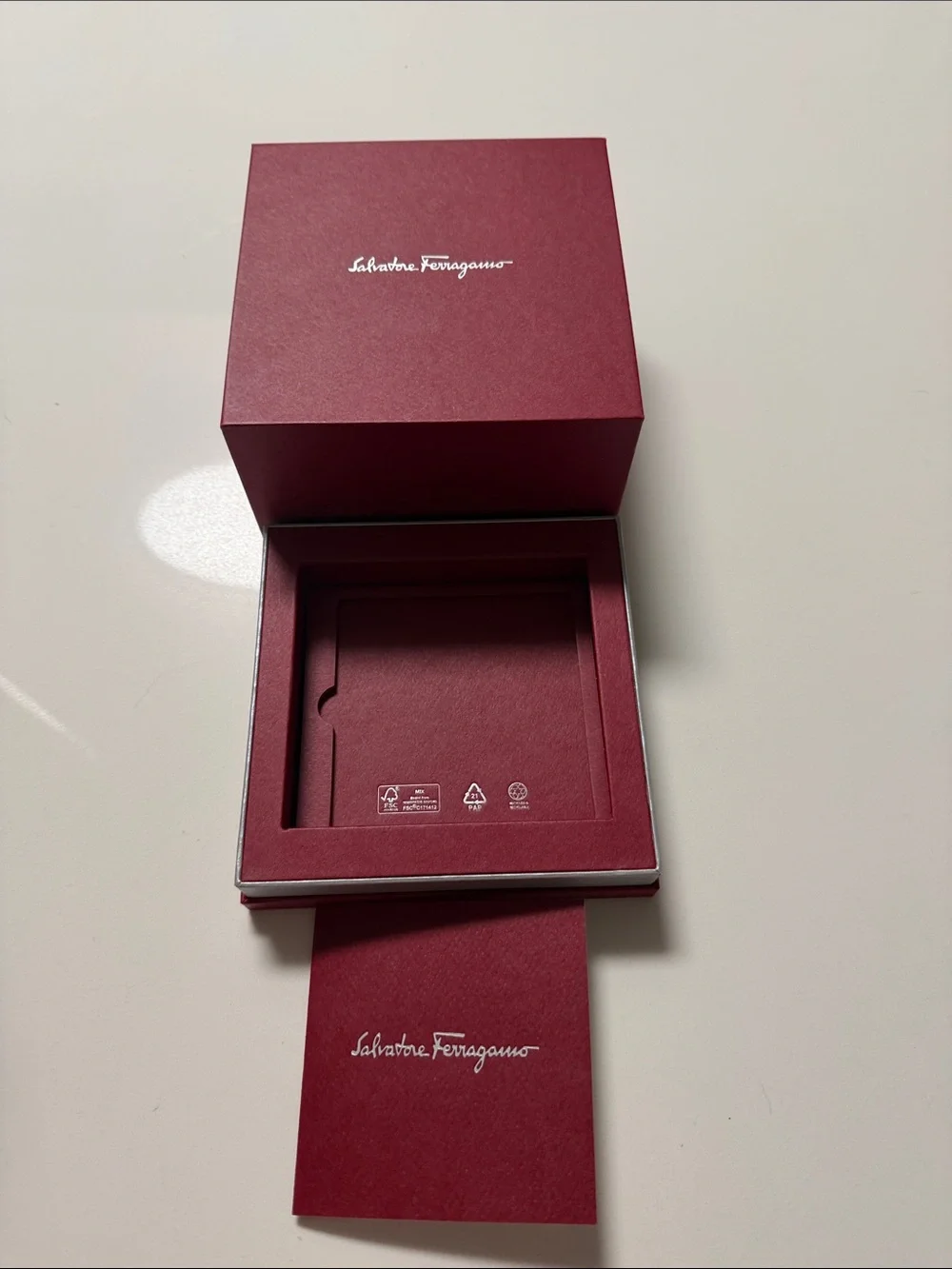 Salvatore Ferragamo Wine Red Gift Box with Silver Logo/ warranty authentic book